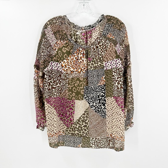 Est. 1946 Brown Leopard Patchwork Smocked Shoulder Long Sleeve Boho Top Size XL - Picture 1 of 8